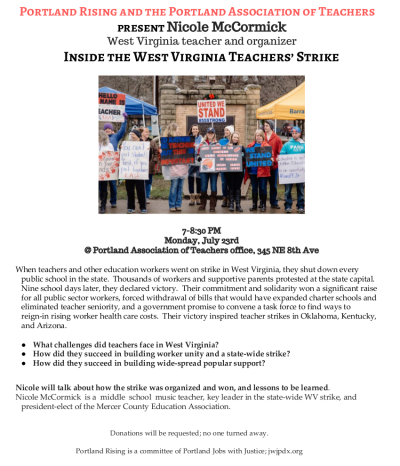 Speaker event: Inside the West Virginia Teachers’ Strike July 23, 7pm, NE Portland